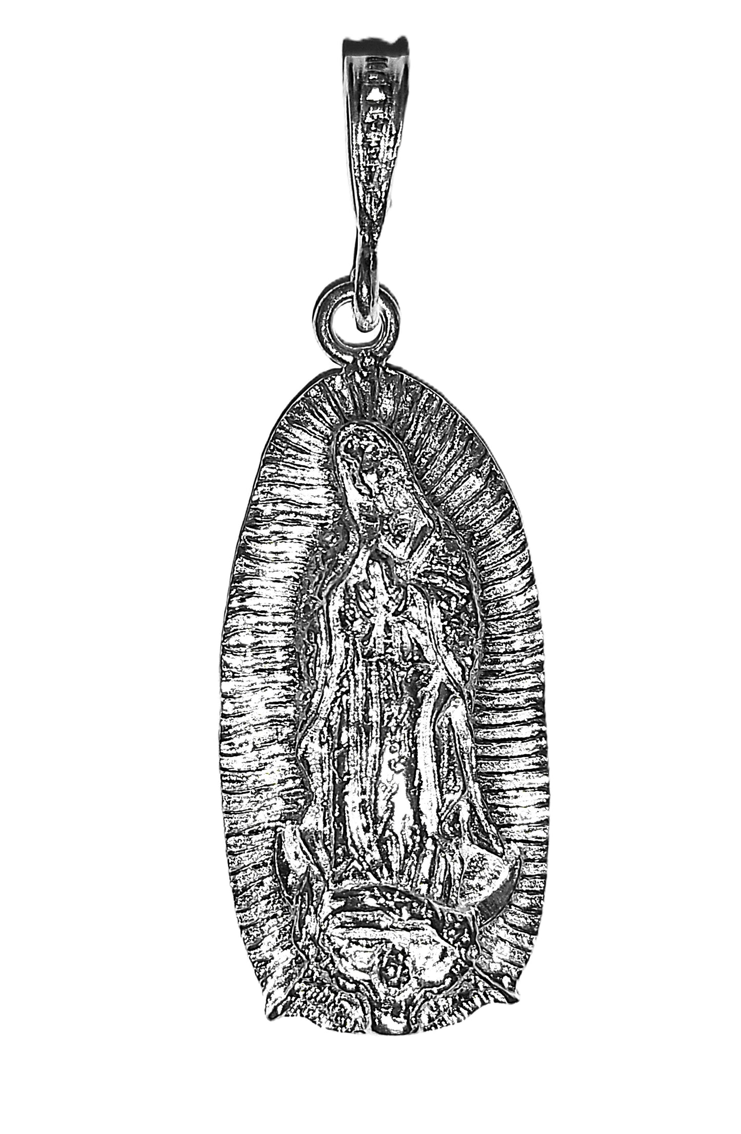 Medalla de Plata .925 - Oval Grande Virgen de Guadalupe con Rayos Grabados