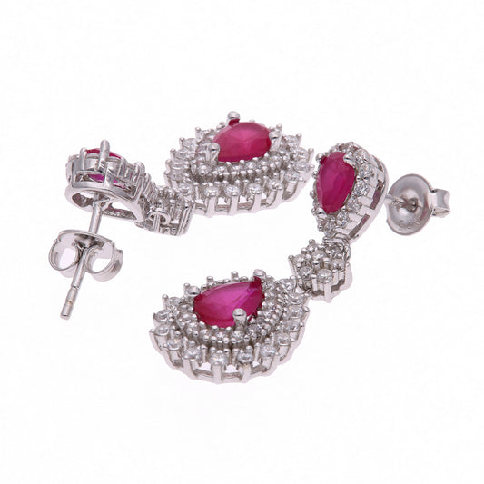ARETES EN PLATA LEY .925, CON RODIO , ZIRCONIA AAA ROJO RUBI Y BLANCO