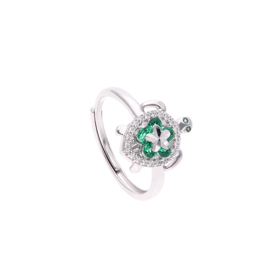 ANILLO EN PLATA LEY .925, CON RODIO , ZIRCONIA AAA VERDE ESMERALDA Y BLANCO, TORTUGA, AJUSTABLE