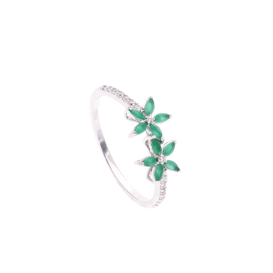 Anillo Plata Ley 925 con Rodio y Zirconia AAA Color Verde Esmeralda y Blanco en Forma de Dos Flores