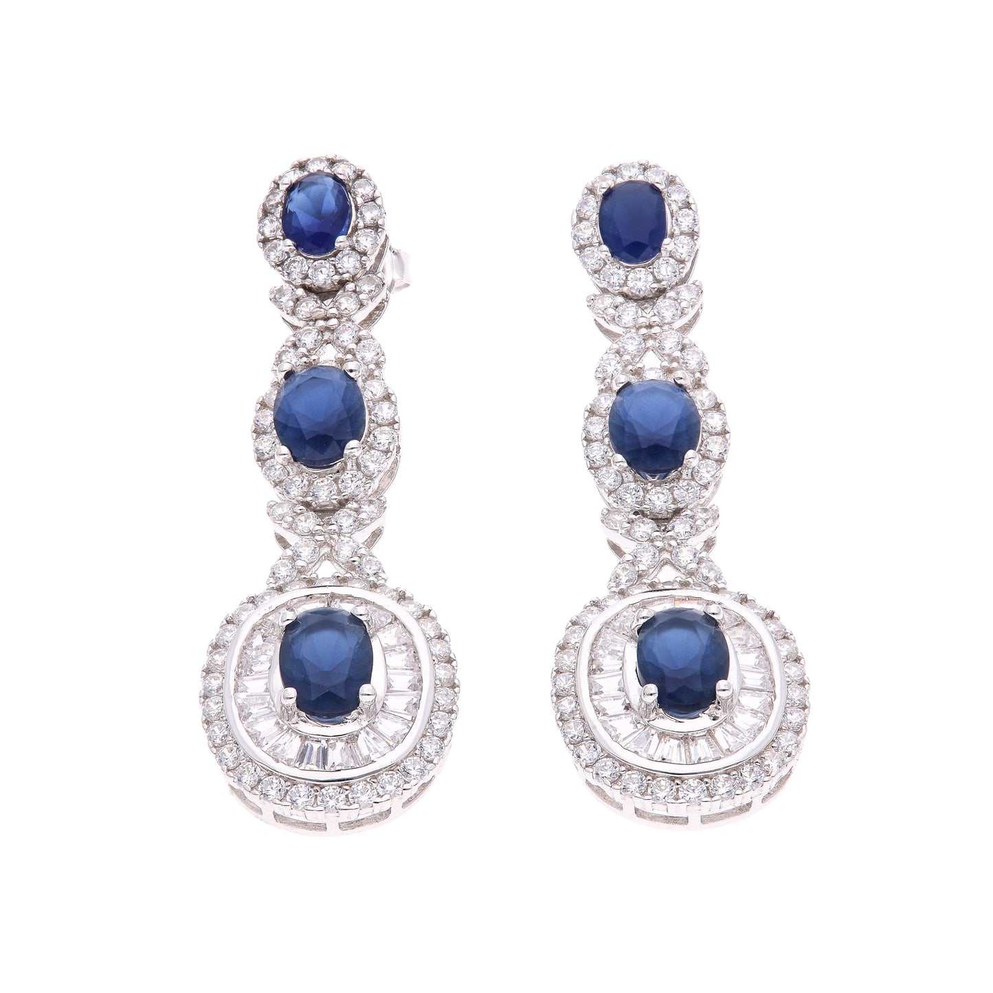 Aretes Plata Ley 925 con Rodio y Zirconia AAA Color Azul Zafiro y Blanco Ovalado