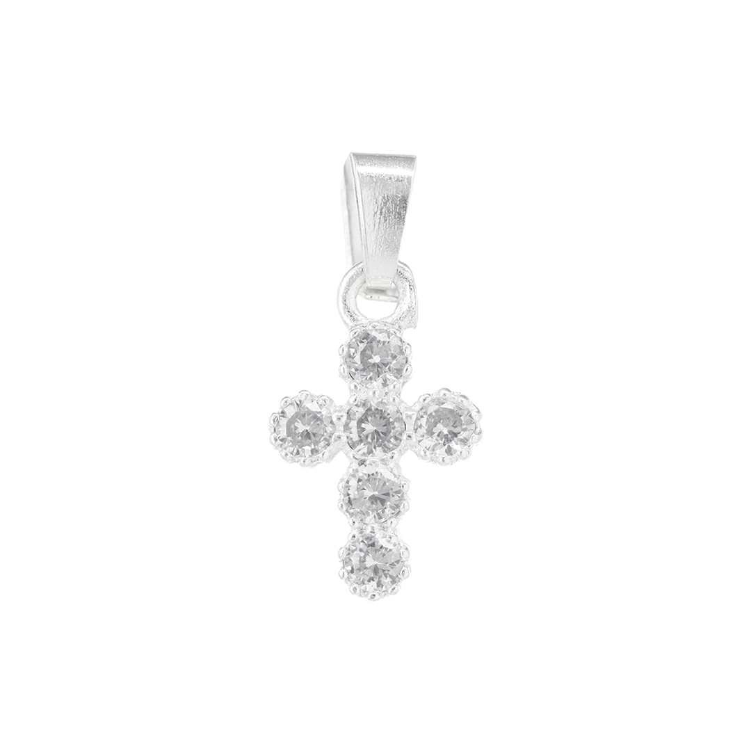 Set de Dije y Cadena de Plata ley .925 - Cruz con Múltiples Zirconias con Cadena Fígaro .925