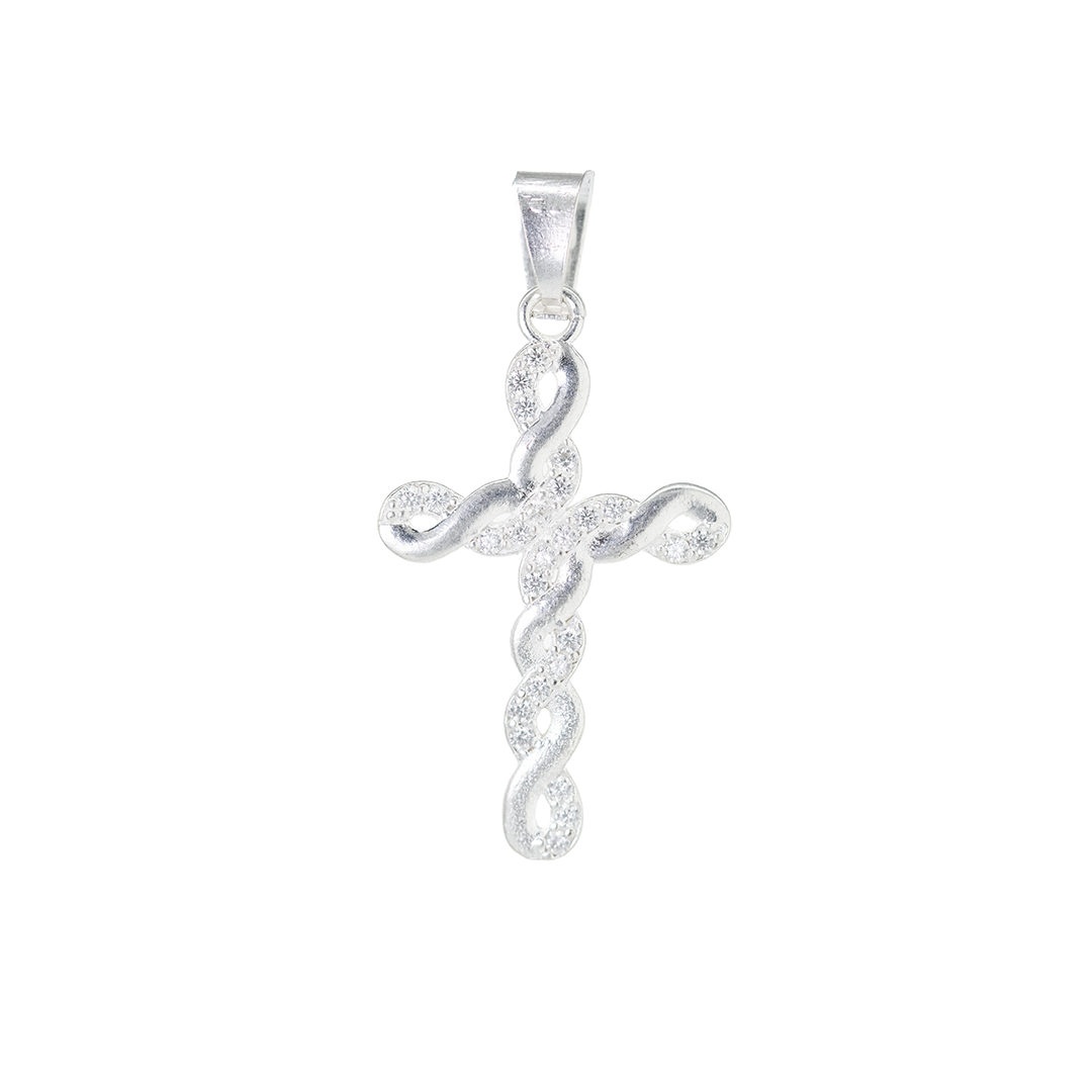 Set de Dije y Cadena de Plata ley .925 - Cruz Trenzada con Zirconias con Cadena Fígaro .925