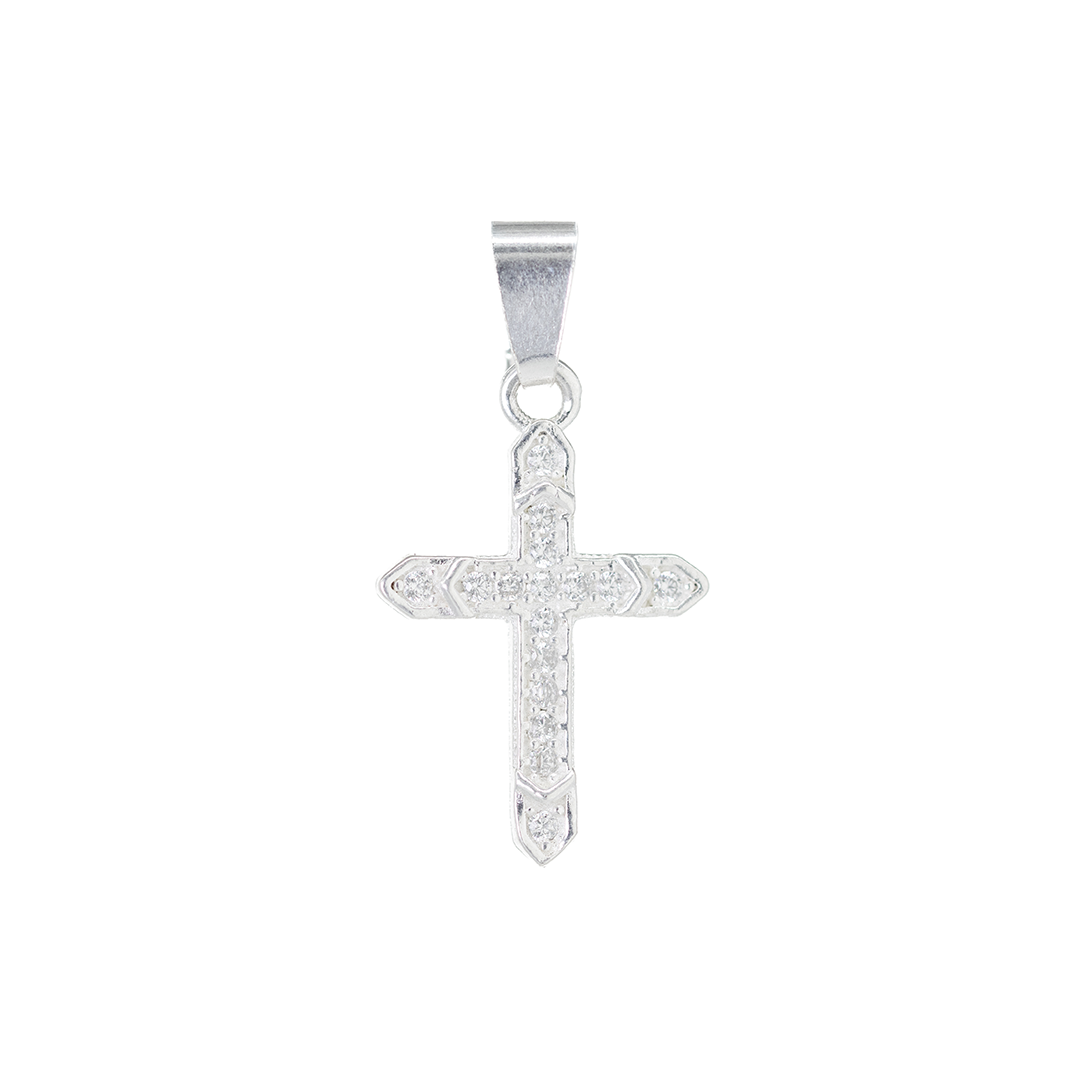 Set de Dije y Cadena de Plata - Cruz Ornamental con Zirconias con Cadena Fígaro .925