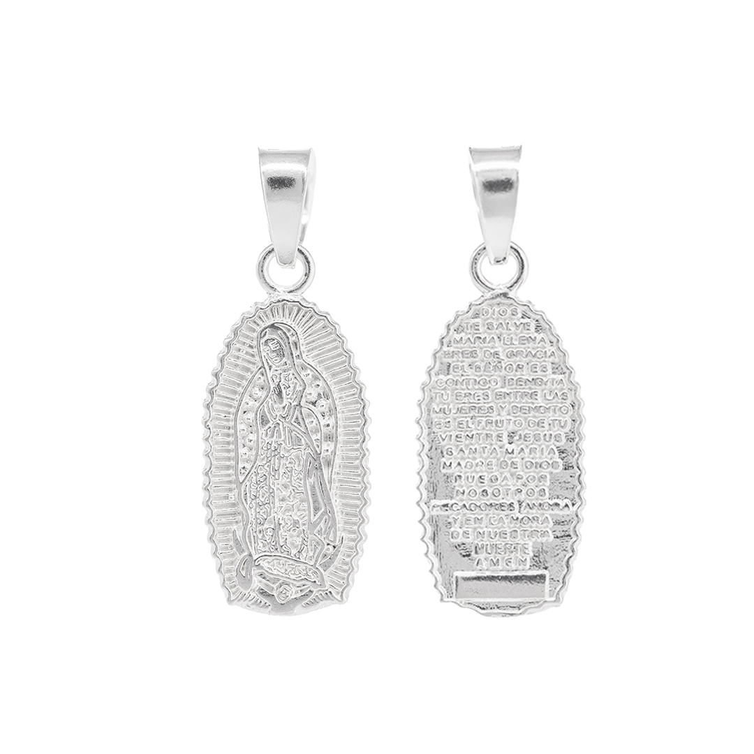 Set de Dije y Cadena de Plata LEY .925- Virgen de Guadalupe con Oración Premium Doble Vista con Cadena Fígaro