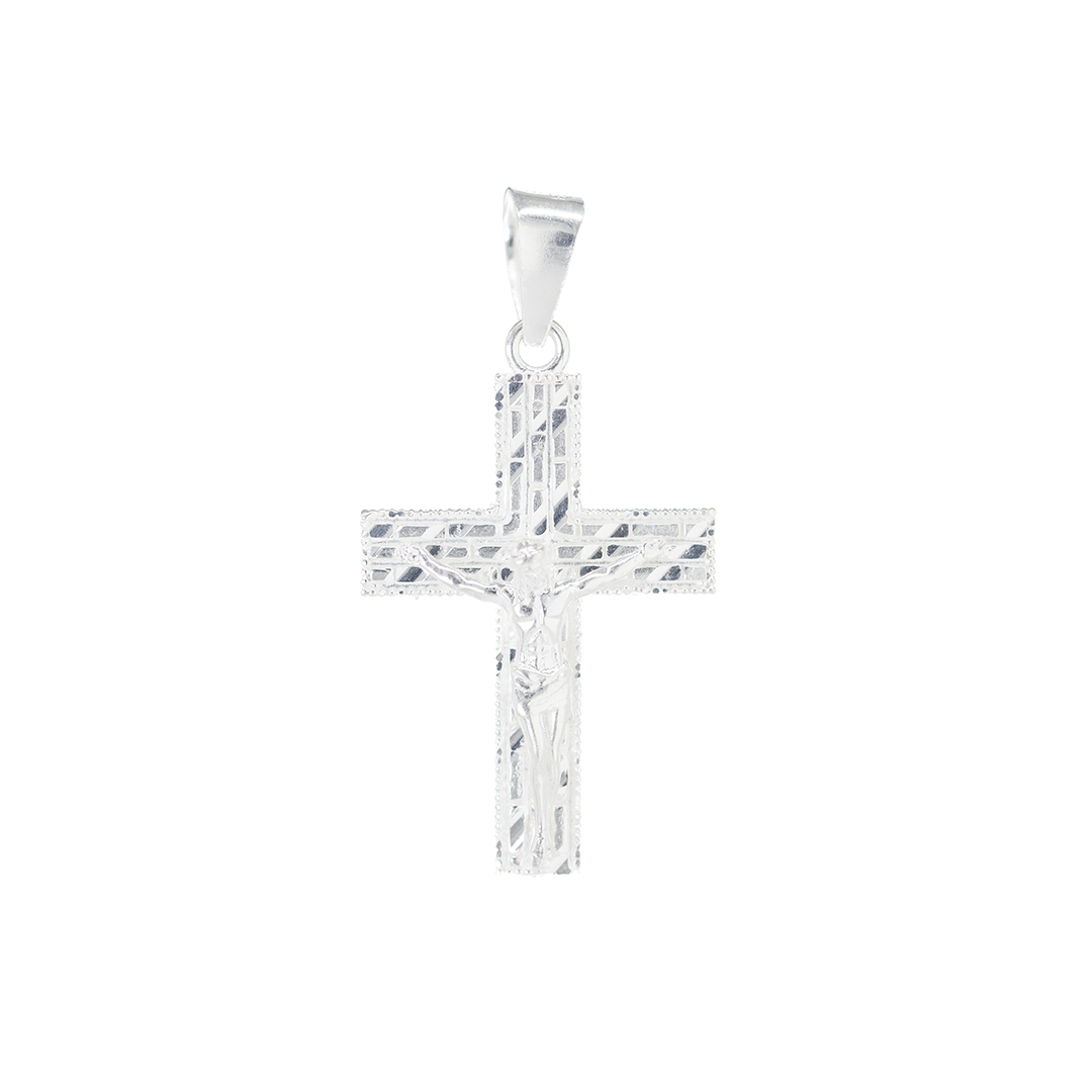 Set de Dije y Cadena de Plata - Crucifijo Calado Artístico con Cadena Fígaro .925 (COMM.DR113)