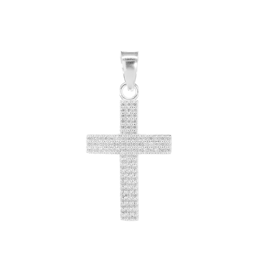 Set de Dije y Cadena de Plata ley.925 - Cruz Pavé Completa con Zirconias con Cadena Fígaro .925