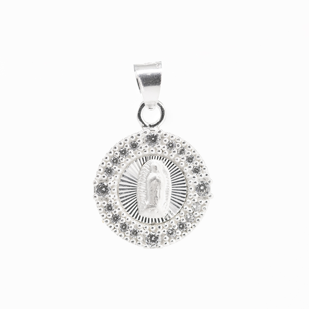 Set de Dije y Cadena de Plata Ley .925 - Virgen de Guadalupe Resplandor Eterno con Zirconia con Cadena Fígaro .925