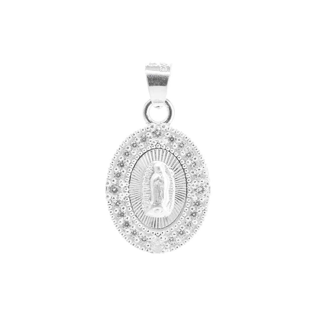 Set de Dije y Cadena de Plata Ley - Virgen de Guadalupe Resplandor Celestial con Zirconia con Cadena Fígaro .925