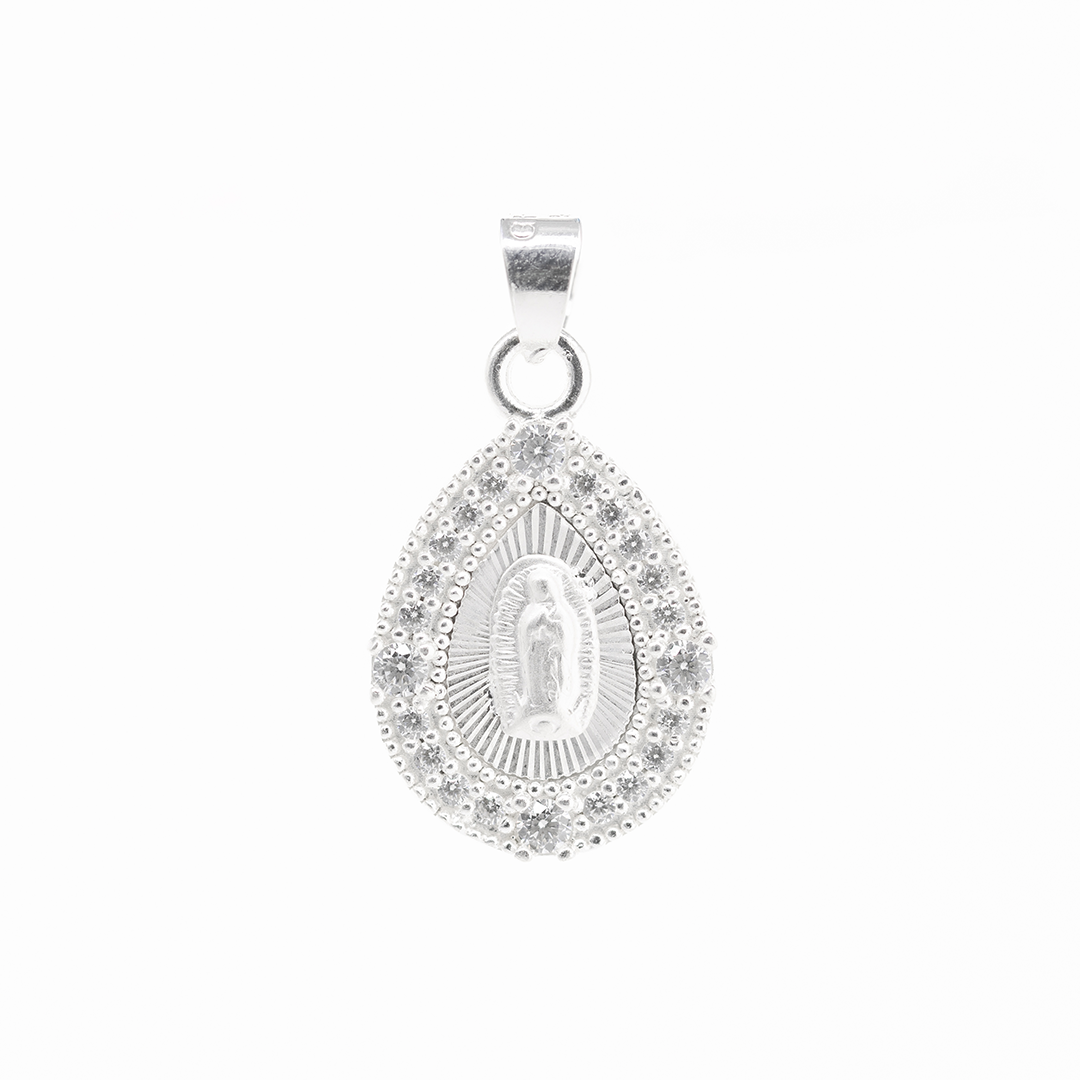 Set de Dije y Cadena de Plata Ley .925 - Virgen de Guadalupe Resplandor Divino con Zirconia con Cadena Fígaro .925