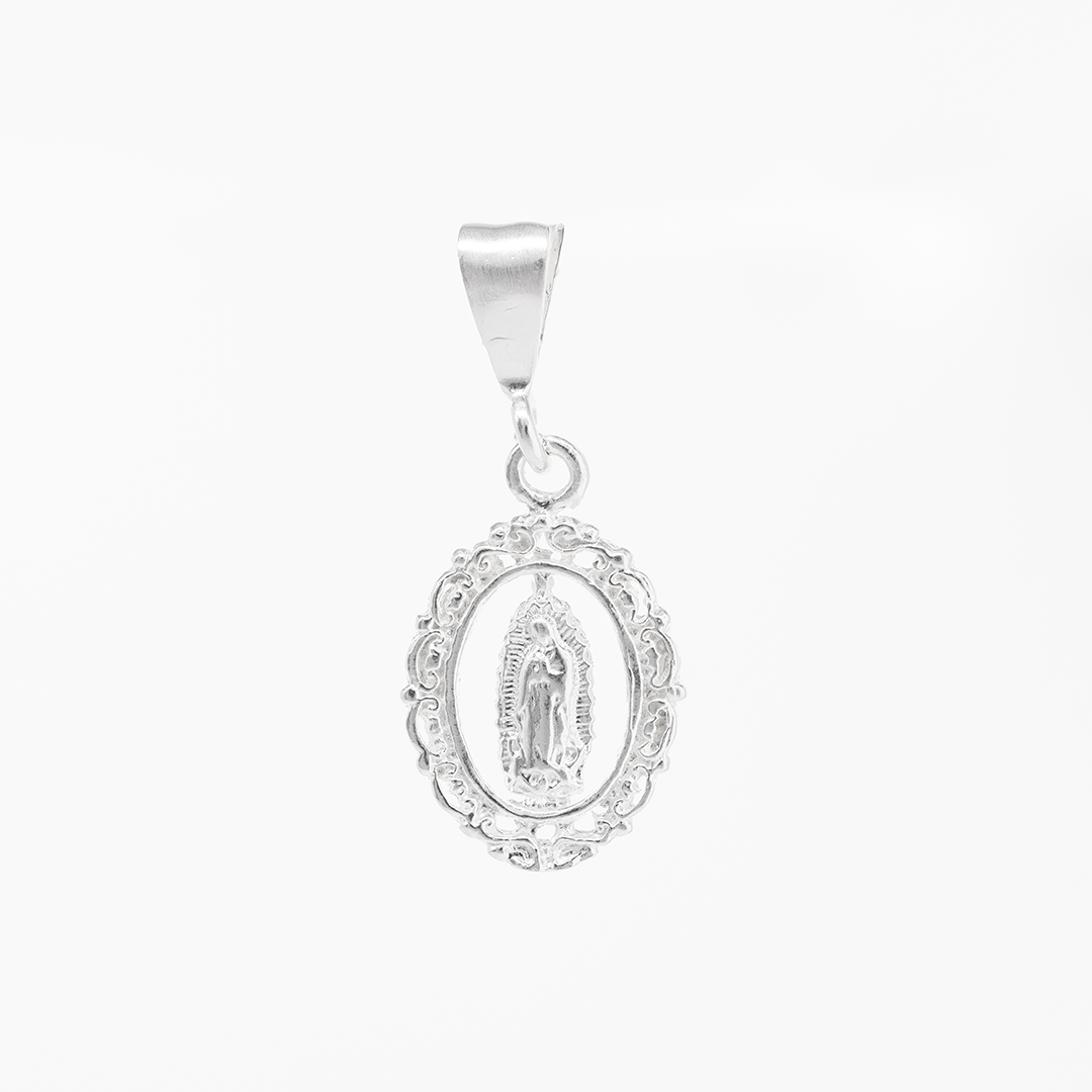 Set de Dije y Cadena de Plata ley.925 - Virgen de Guadalupe Marco Ornamental con Cadena Fígaro .925