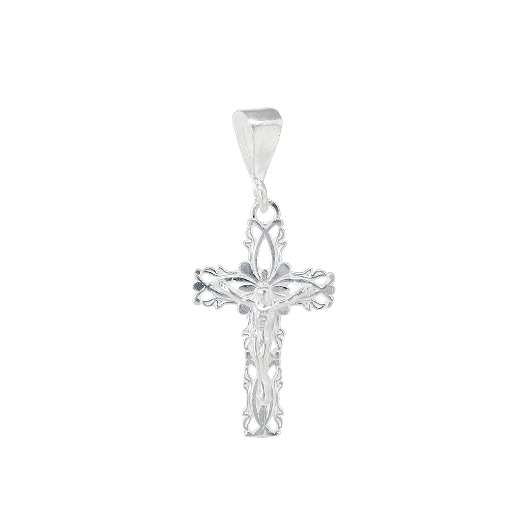 Set de Dije y Cadena de Plata - Crucifijo Filigrana Ornamental con Cadena Fígaro .925(COM.FBD-204)