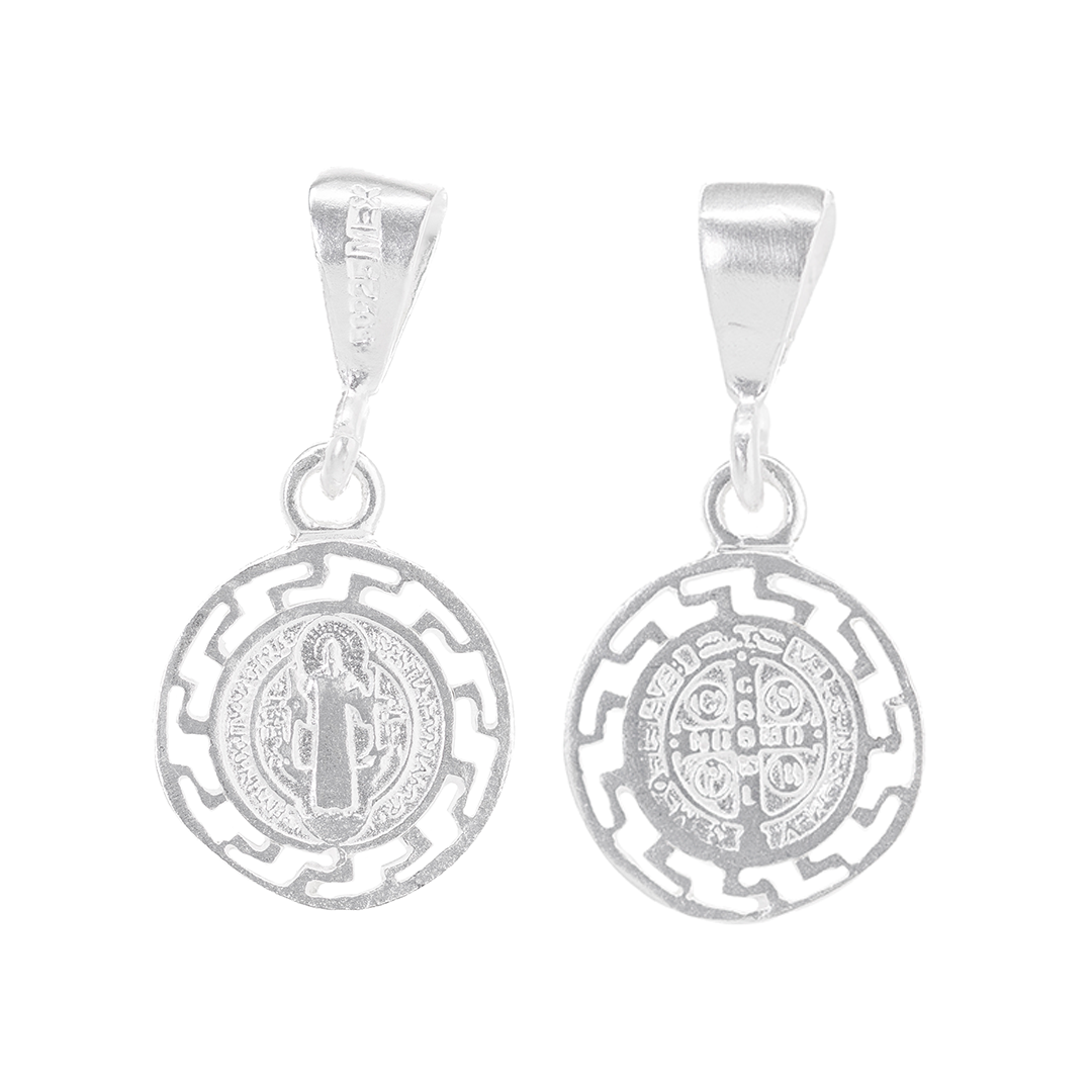 Set de Dije y Cadena de Plata - San Benito con Marco Greca Doble Vista con Cadena Fígaro (COM.FBD_235)