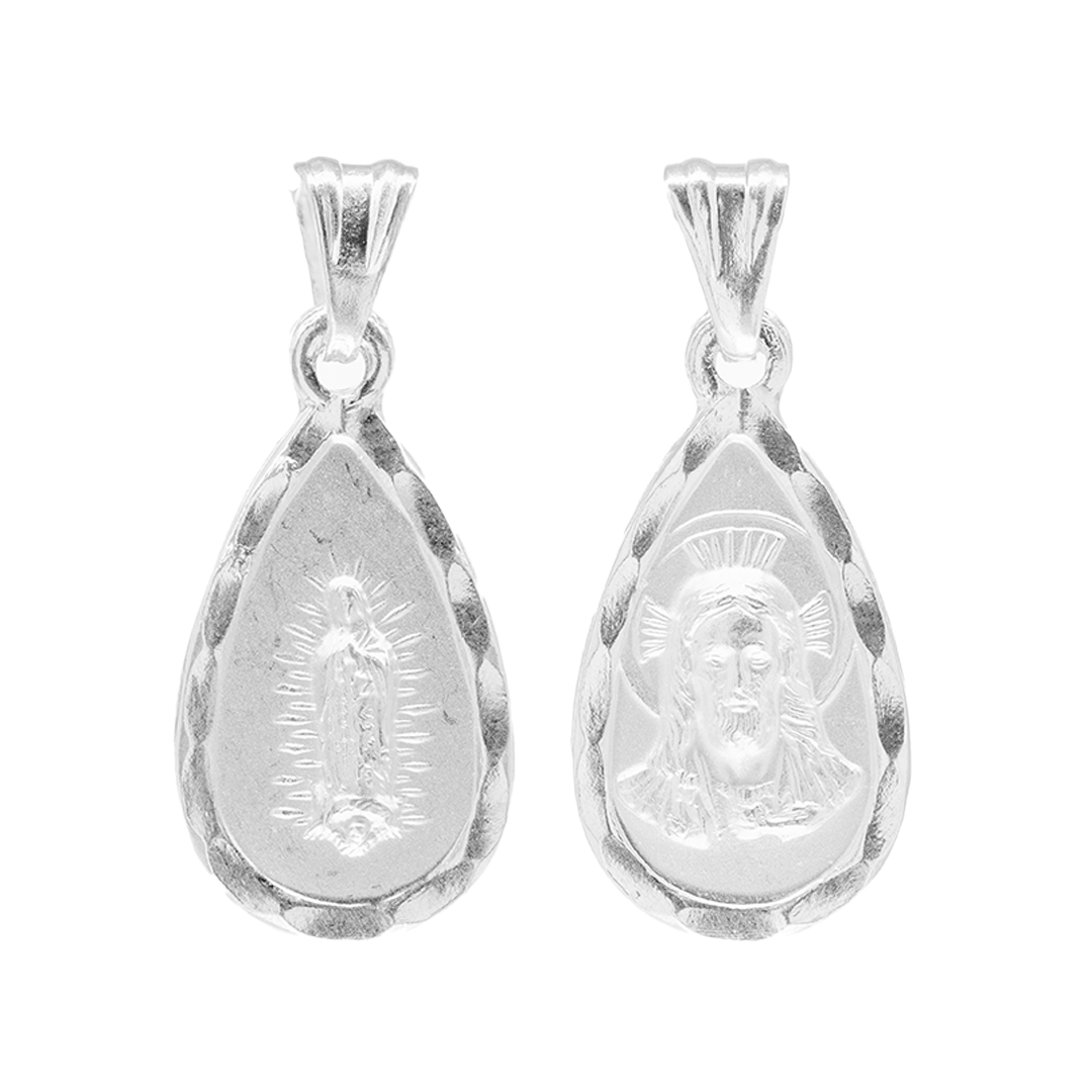 Set de Dije y Cadena de Plata Ley .925 - Virgen de Guadalupe y Sagrado corazón de Jesús con Cadena Fígaro (COM.G-03)