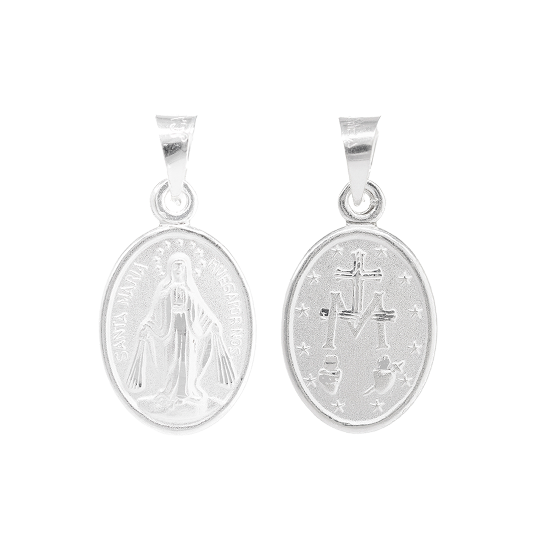Set de Dije y Cadena de Plata ley .925 - Virgen Milagrosa Doble Vista con Cadena Fígaro