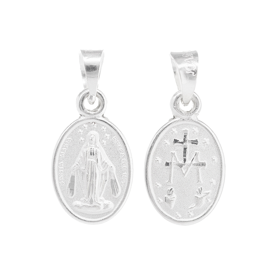 Set de Dije y Cadena de Plata ley .925 - Virgen Milagrosa Compacta Doble Vista con Cadena Fígaro