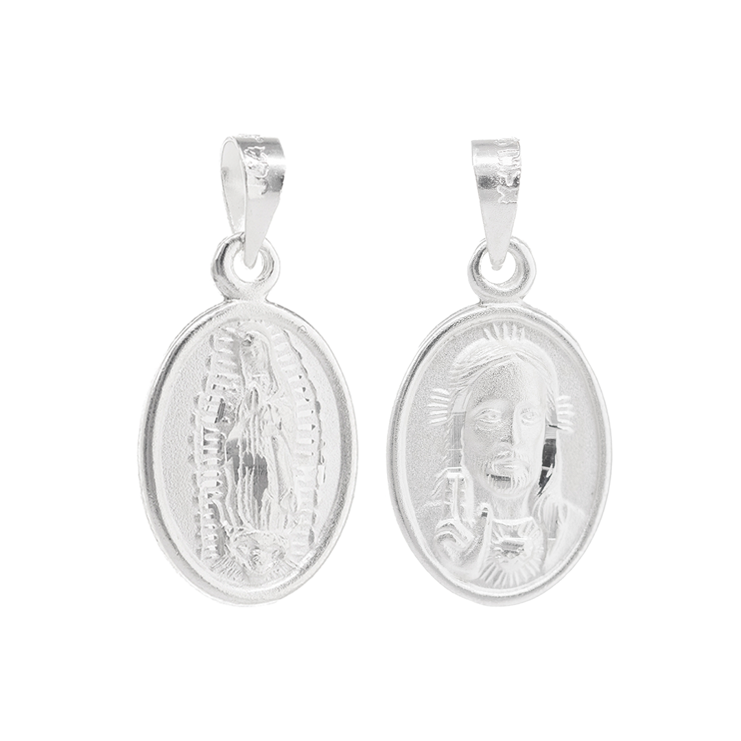 Set de Dije y Cadena de Plata ley .925 - Virgen de Guadalupe y Sagrado Corazón Doble Vista con Cadena Fígaro
