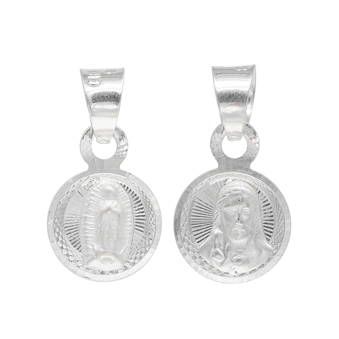 Set de Dije y Cadena de Plata Ley .925- doble vista Virgen de Guadalupe y Sagrado Corazón con Cadena Fígaro