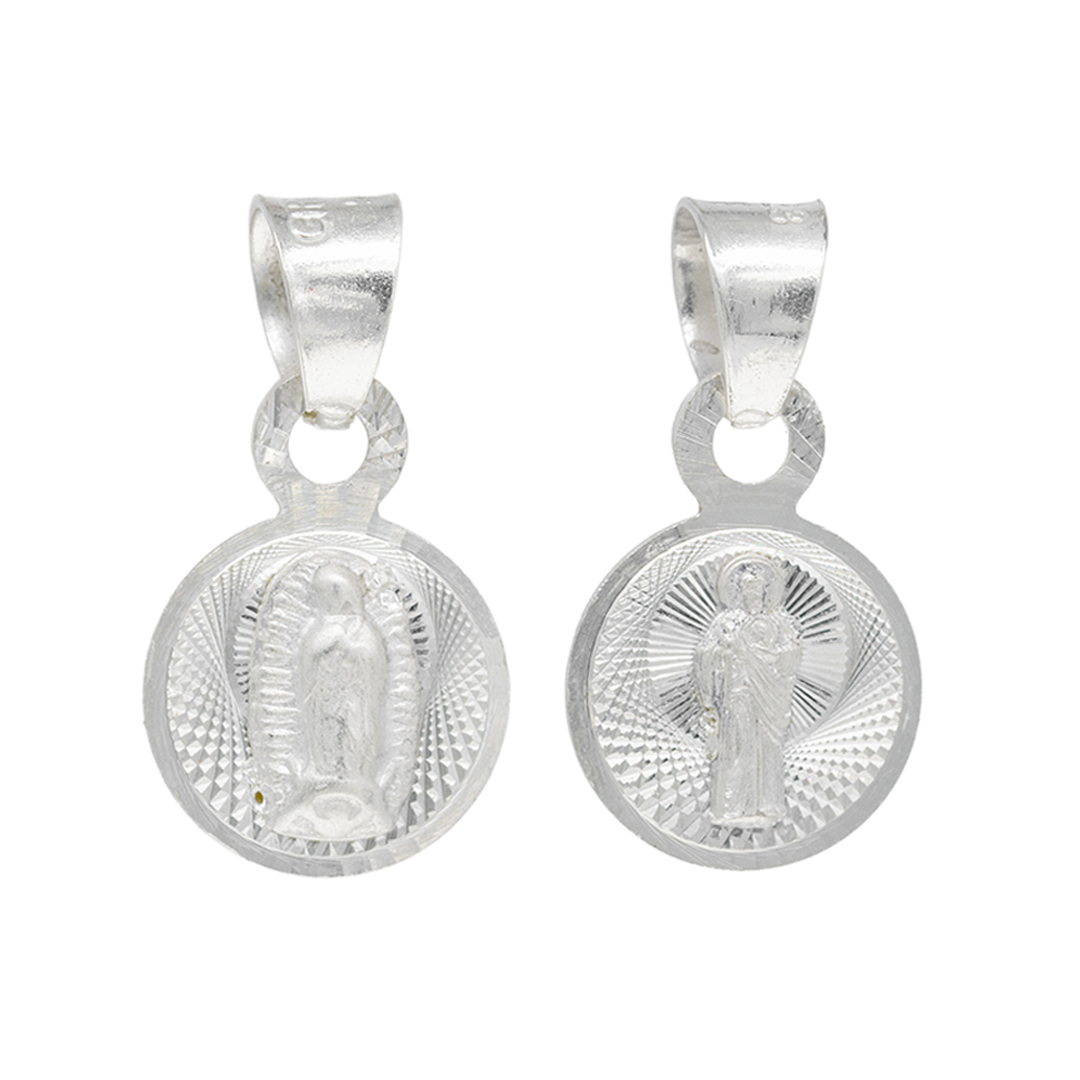 Set de Dije y Cadena de Plata Ley .925- doble vista Virgen de Guadalupe y Sagrado Corazón con Cadena Fígaro