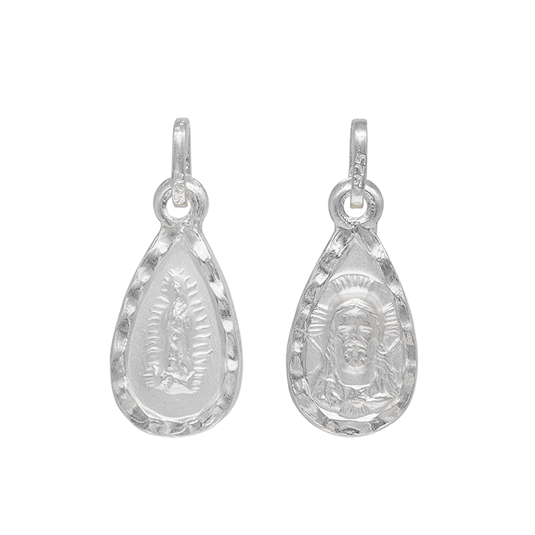 Set de Dije y Cadena de Plata ley .925 - doble vista Virgen de Guadalupe y Sagrado Corazón Forma Gota con Cadena Fígaro