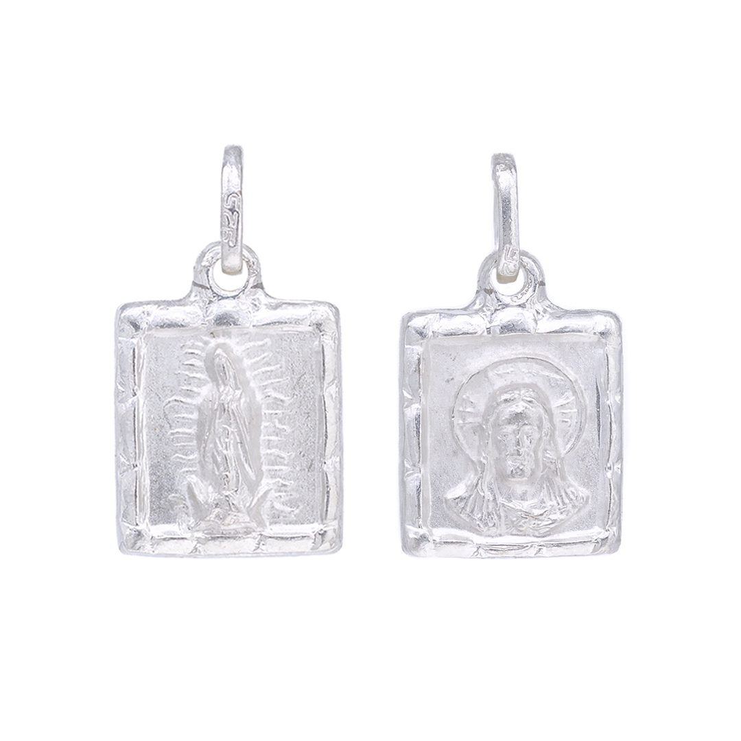 Set de Dije y Cadena en Plata Ley .925 doble vista en Virgen de Guadalupe y Sagrado Corazón