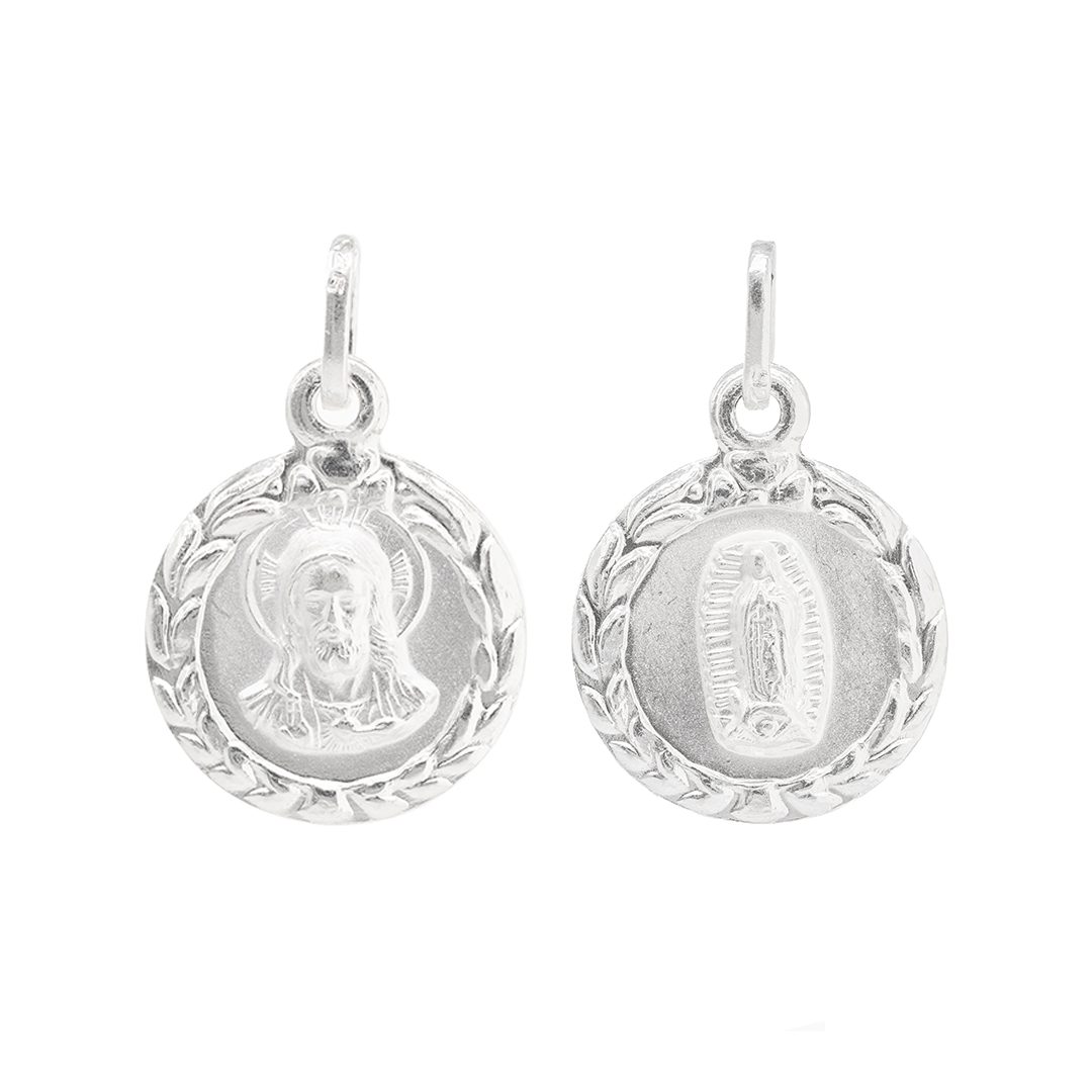 Set de Dije y Cadena de Plata ley.925 - San Judas Tadeo y Virgen de Guadalupe Marco Laurel Doble Vista con Cadena Fígaro .925