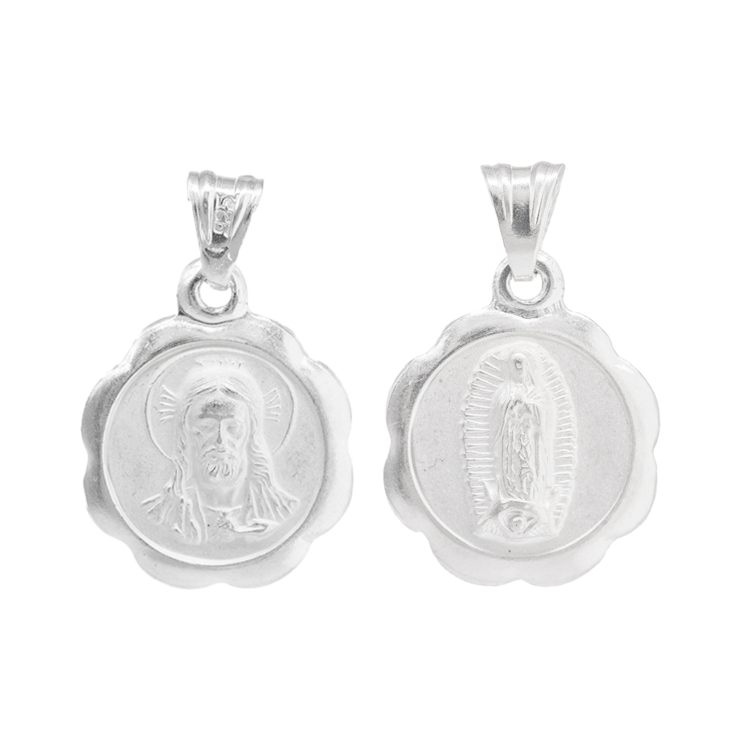 Set de Dije y Cadena de Plata ley .925 - San Judas Tadeo y Virgen de Guadalupe Marco Floral Premium Doble Vista con Cadena Fígaro .925