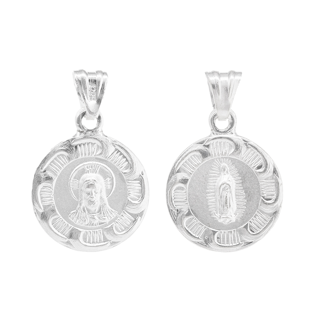 Set de Dije y Cadena de Plata ley.925 - San Judas Tadeo y Virgen de Guadalupe Marco Radiante Doble Vista con Cadena Fígaro .925