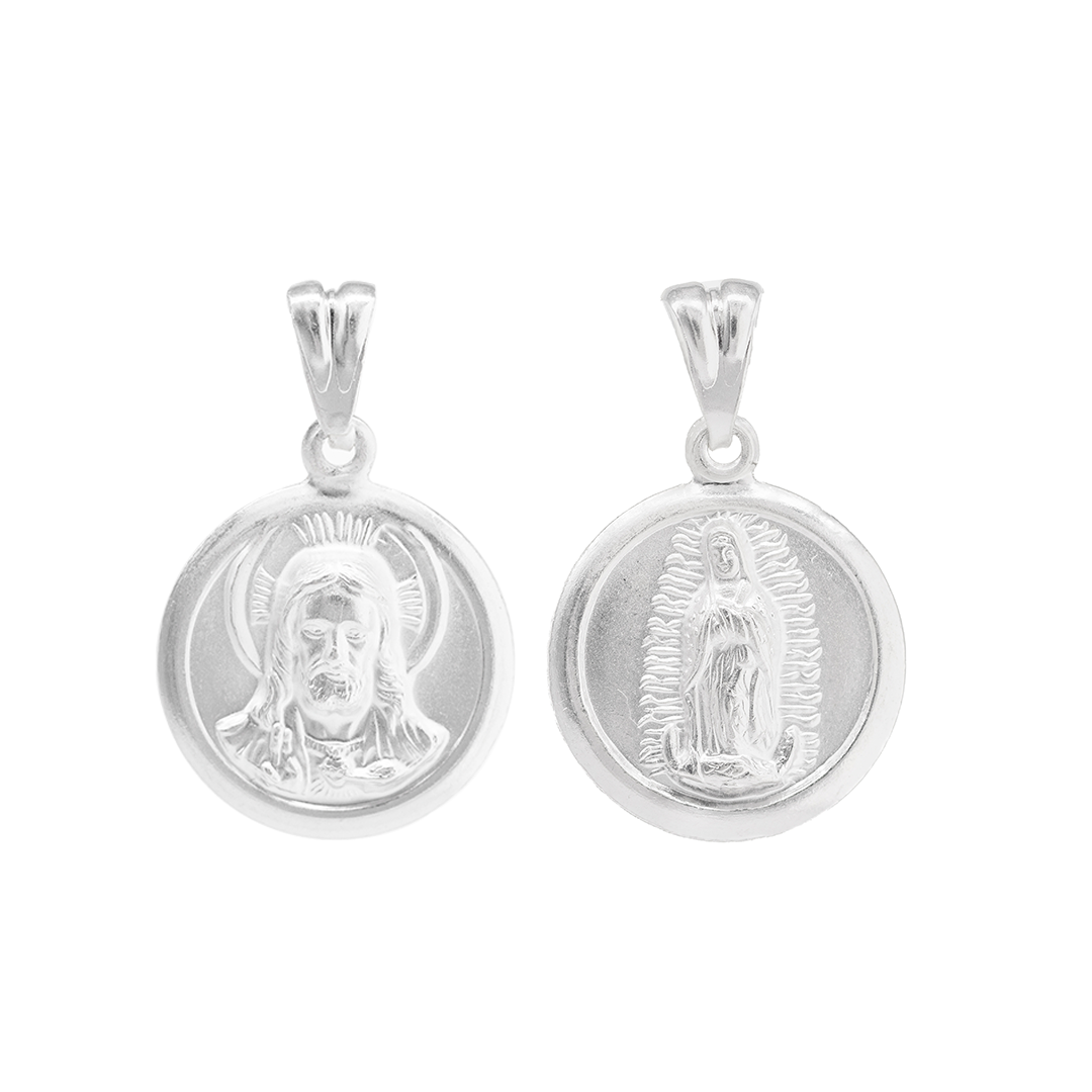 Set de Dije y Cadena de Plata ley - San Judas Tadeo y Virgen de Guadalupe Circular Doble Vista con Cadena Fígaro .925
