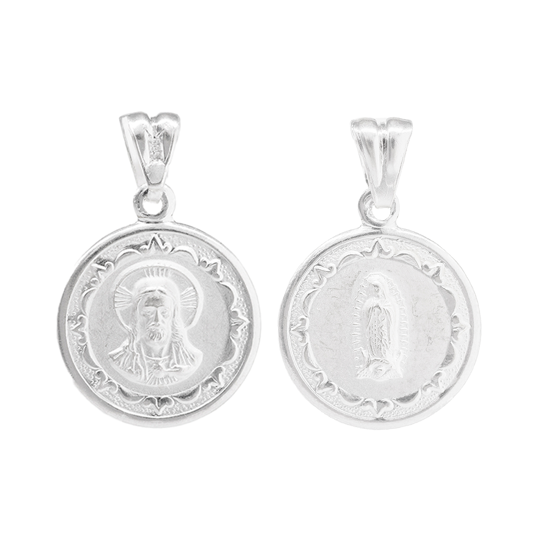 Set de Dije y Cadena de Plata ley - San Judas Tadeo y Virgen de Guadalupe Marco Ornamental Circular Doble Vista con Cadena Fígaro .925