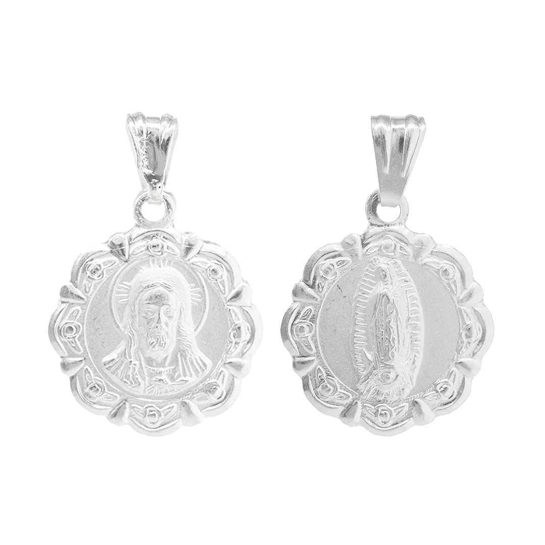 Set de Dije y Cadena de Plata ley .925 - San Judas Tadeo y Virgen de Guadalupe Marco Barroco Doble Vista con Cadena Fígaro .925