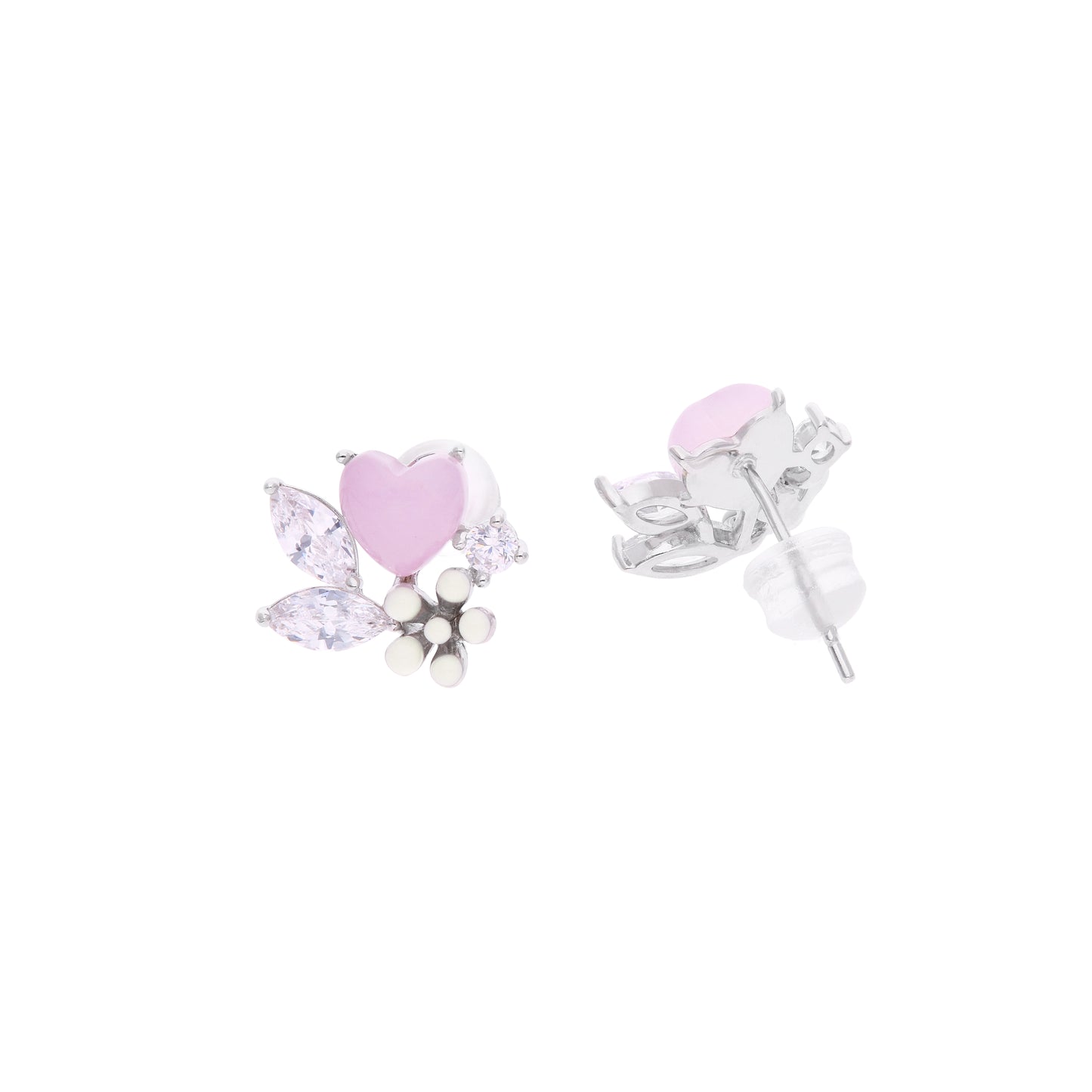Aretes Corazón Rosa con Zircones Marquesa y Flor de Perlas — Plata .925