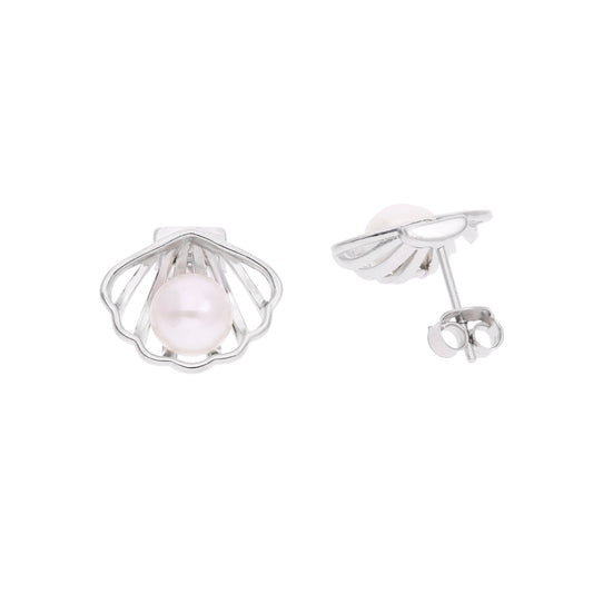 Aretes Concha Calada con Perla Cultivada — Plata .925