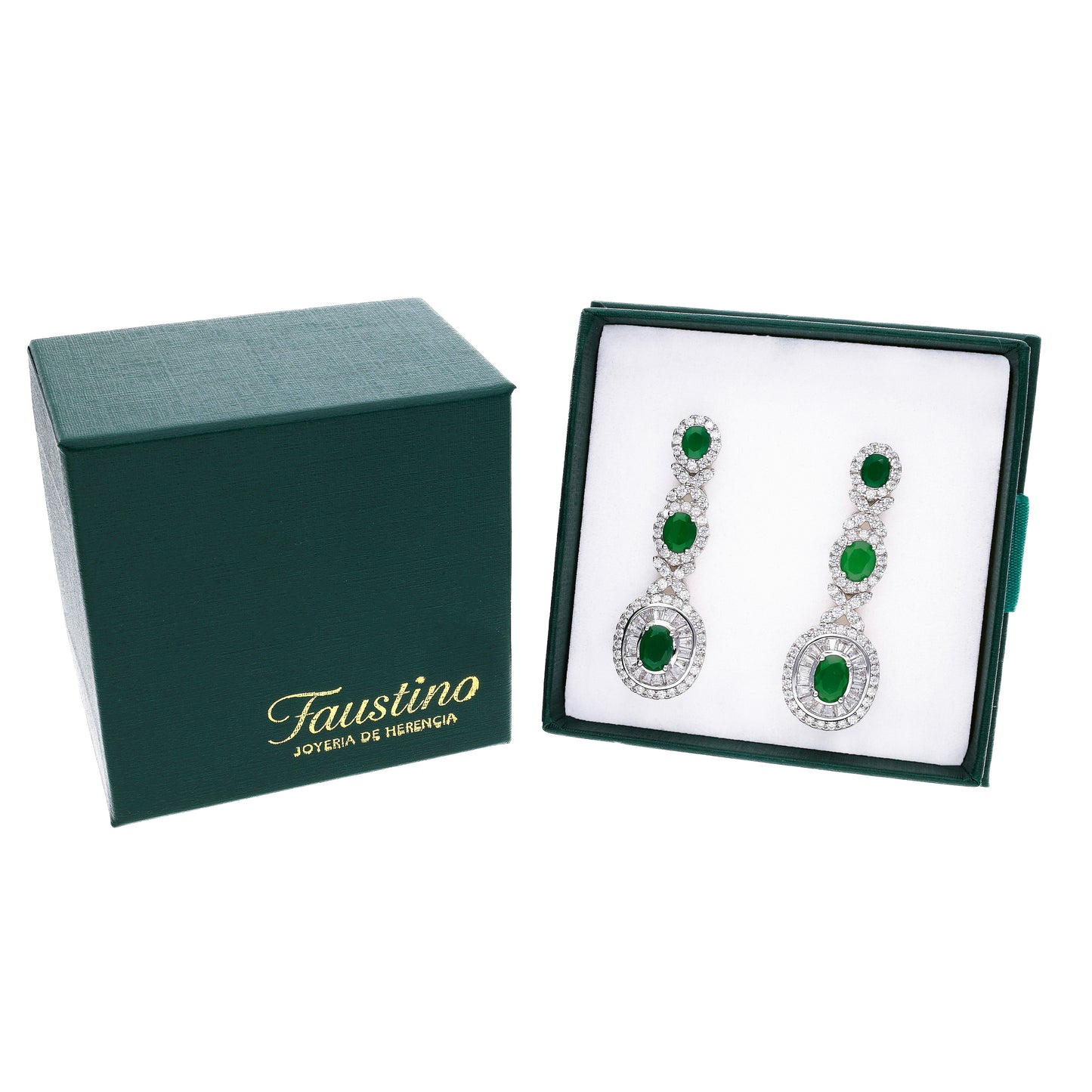 Aretes Plata Ley 925 con Rodio y Zirconia AAA Color Verde Esmeralda y Blanco Ovalado