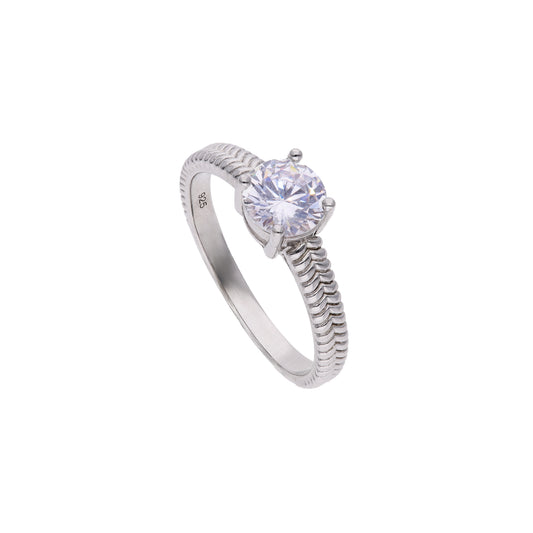 Anillo de Plata .925 - Solitario con Banda Texturizada Cuerda Trenzada y Zircón Blanco en Corona de Cuatro Garras