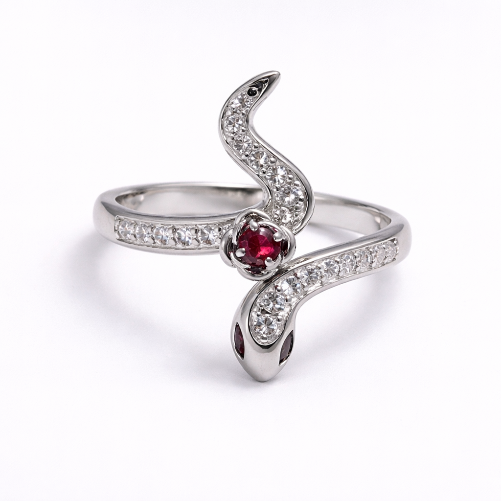 Anillo de Plata .925 - Serpiente Bypass Abierta en S con Pavé de Zircones Blancos y Zircón Rojo Rubí Central