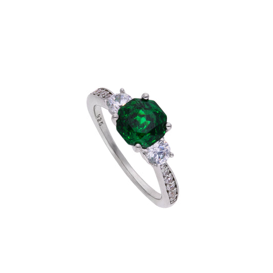 Anillo de Plata .925 - Trilogía de Tres Piedras con Zircón Verde Esmeralda en Corte Asscher