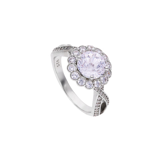 Anillo de Plata .925 - Banda con Pavé y Halo Octagonal Festoneado Floral Tipo Chanel con Zircón Blanco