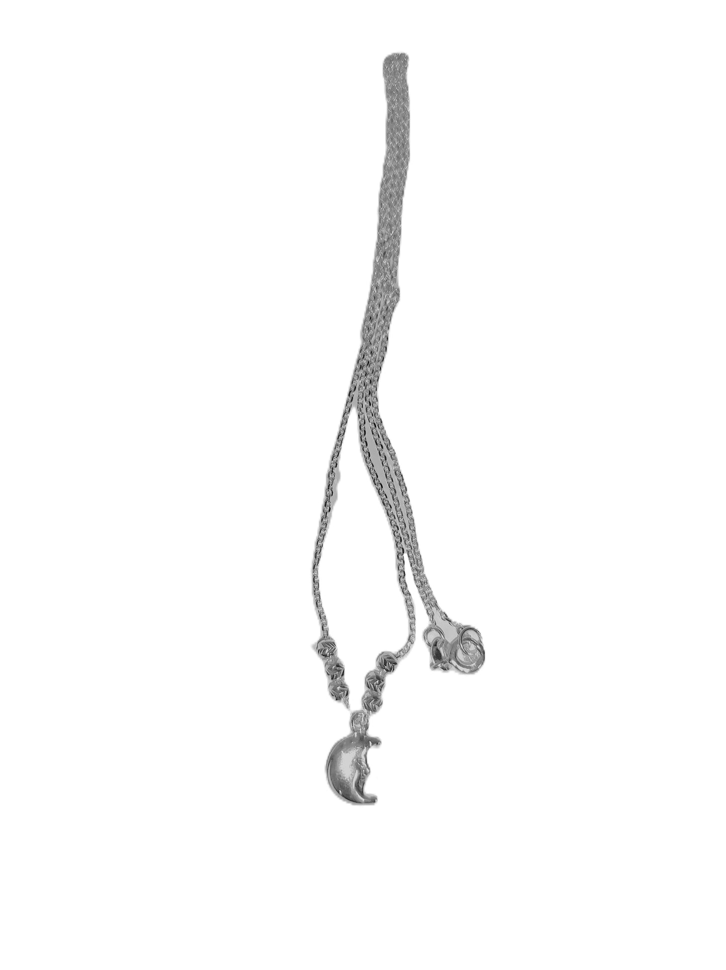Collar de Plata .925 - Cadena Rolo Doble con Esferas Diamantadas y Dije Luna Creciente con Rostro