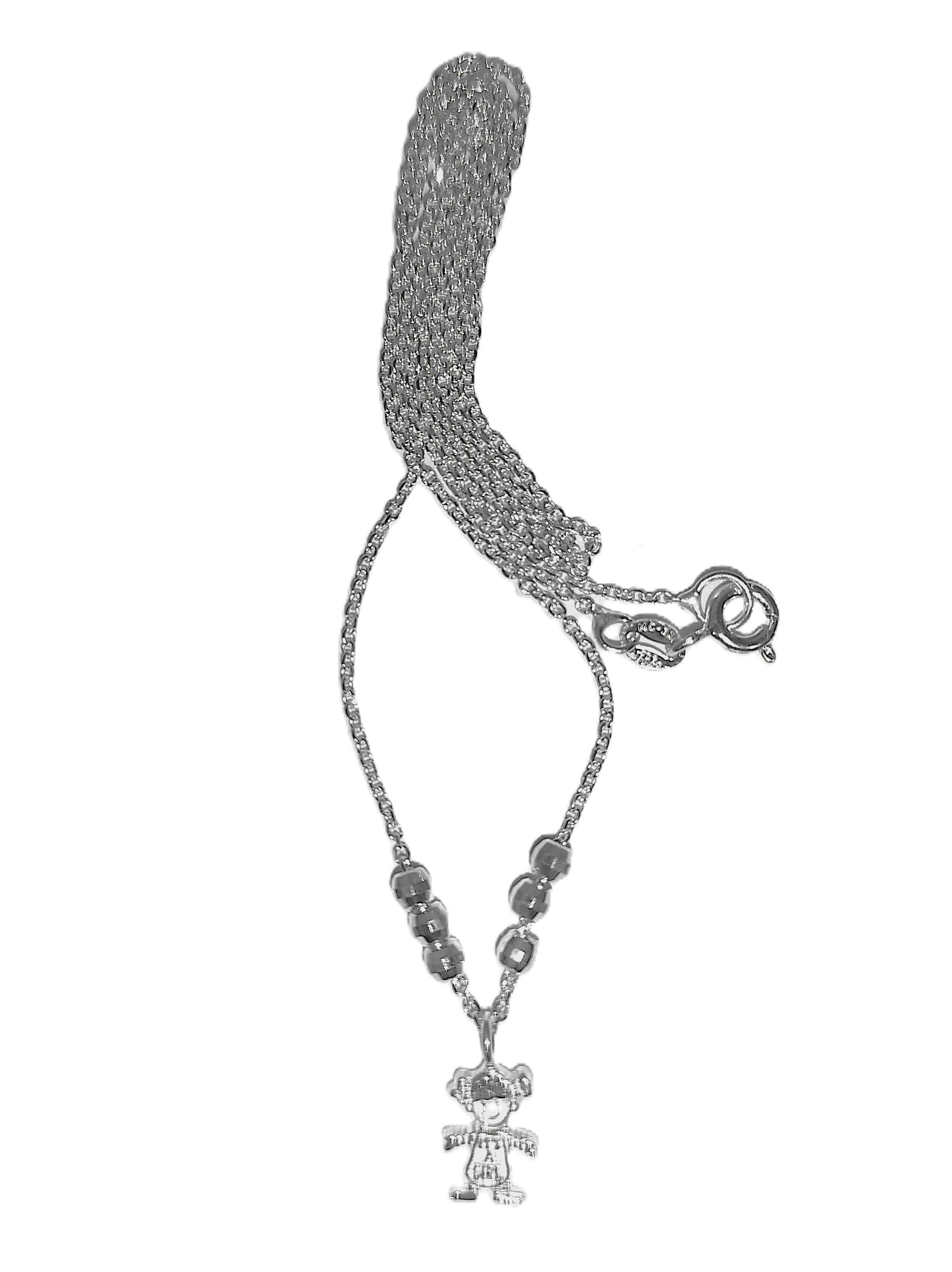 Collar de Plata .925 - Cadena Veneciana con Esferas Diamantadas y Dije Niña con Coletas