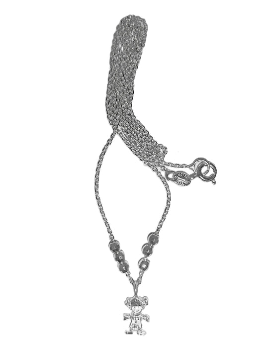 Collar de Plata .925 - Cadena Veneciana con Esferas Diamantadas y Dije Niña con Coletas