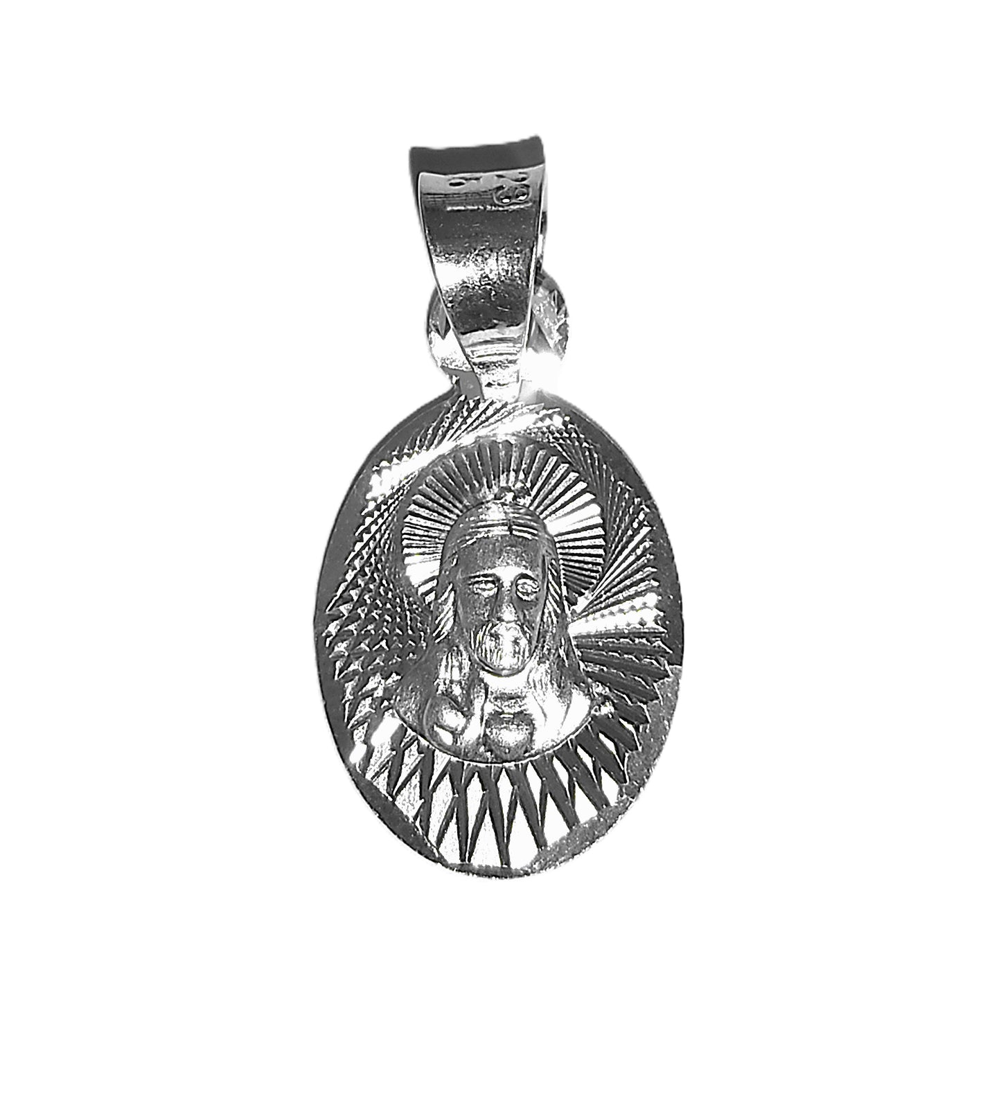Medalla de Plata .925 - Rostro de Cristo con Aureola de Rayos Biselados Diamantados