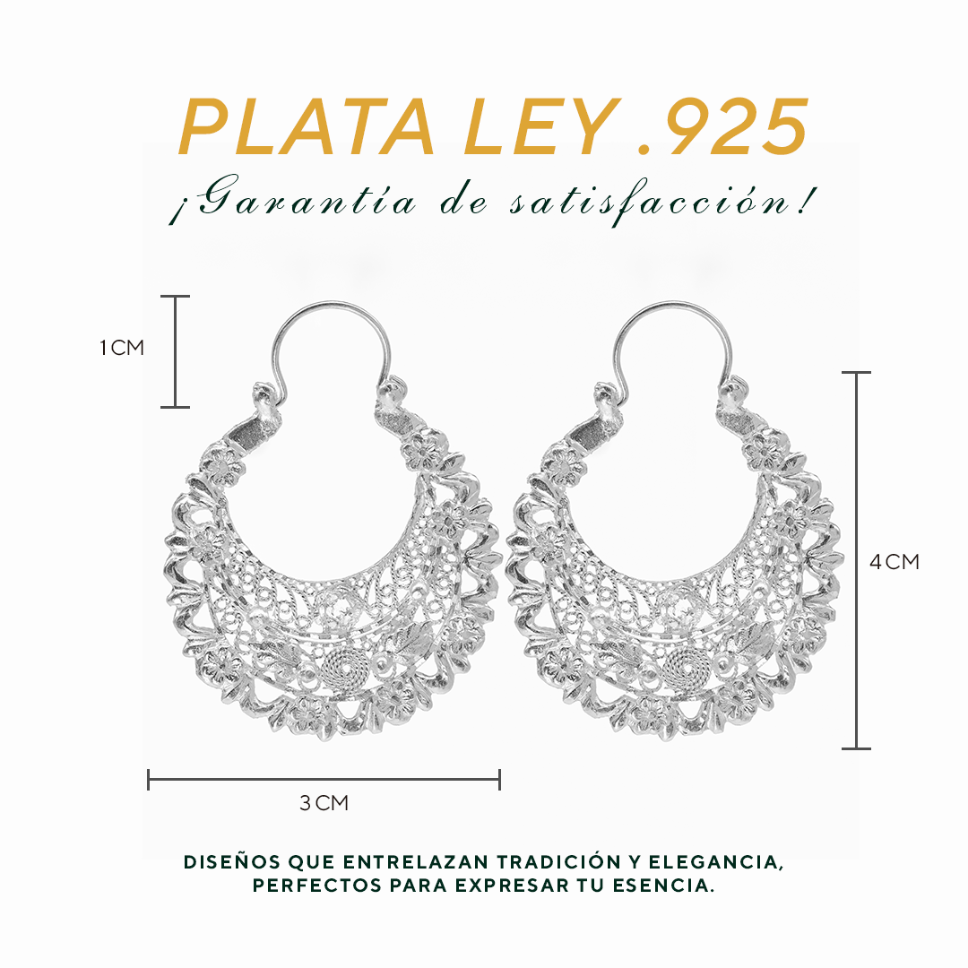Aretes Plata .925 de Aro Abierto Floreado 13.8 Gramos - Joyería Elegante