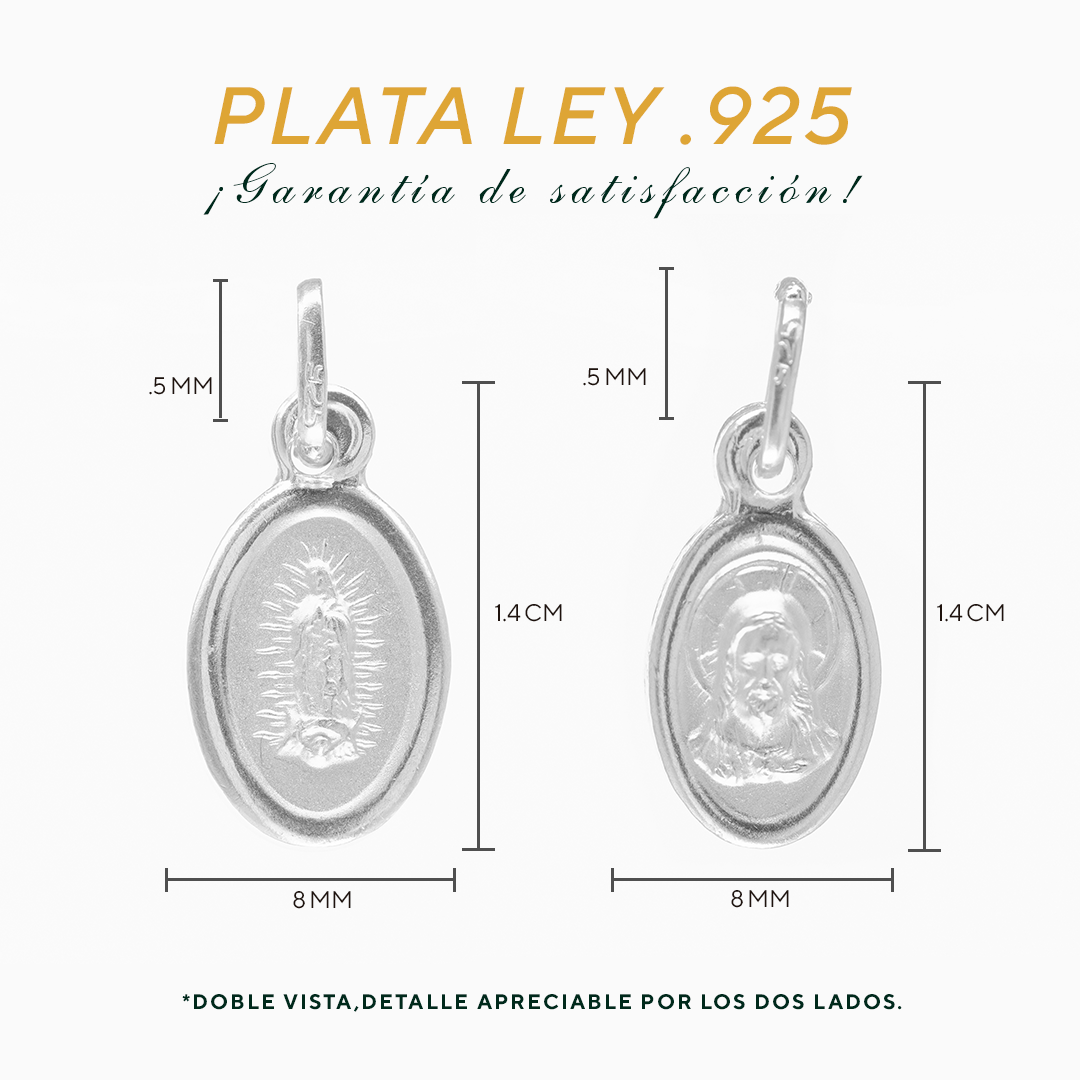 Set de Dije y Cadena en Plata Ley.925 - Virgen de Guadalupe y Sagrado Corazón Doble Vista en Óvalo con Cadena Fígaro (COM.B-14-L/SC)