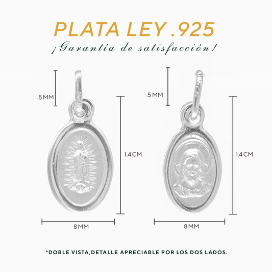 Set de Dije y Cadena en Plata Ley.925 - Virgen de Guadalupe y Sagrado Corazón Doble Vista en Óvalo con Cadena Fígaro (COM.B-14-L/SC)