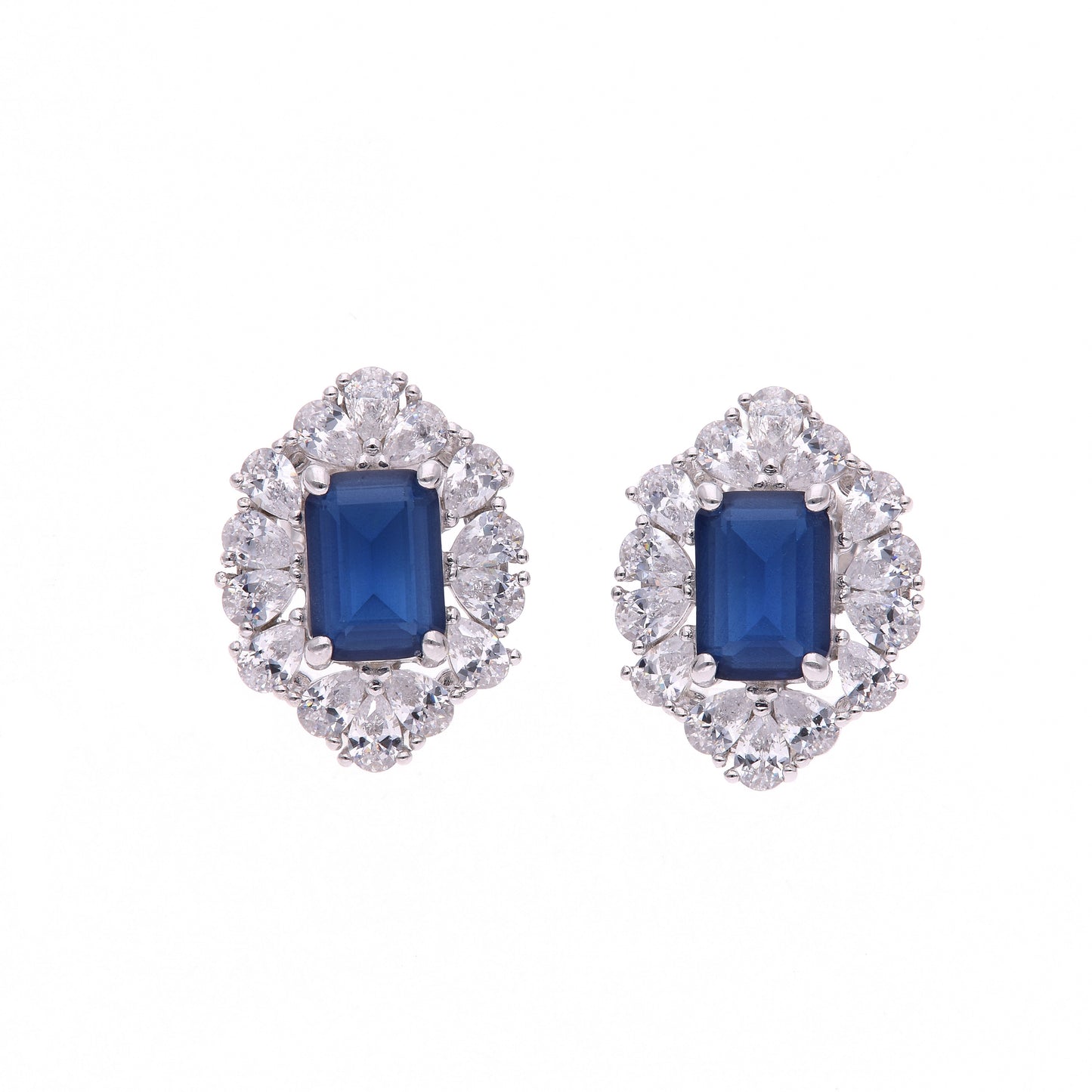 BROQUELES EN PLATA LEY .925, CON RODIO , ZIRCONIA AAA AZUL ZAFIRO Y BLANCO