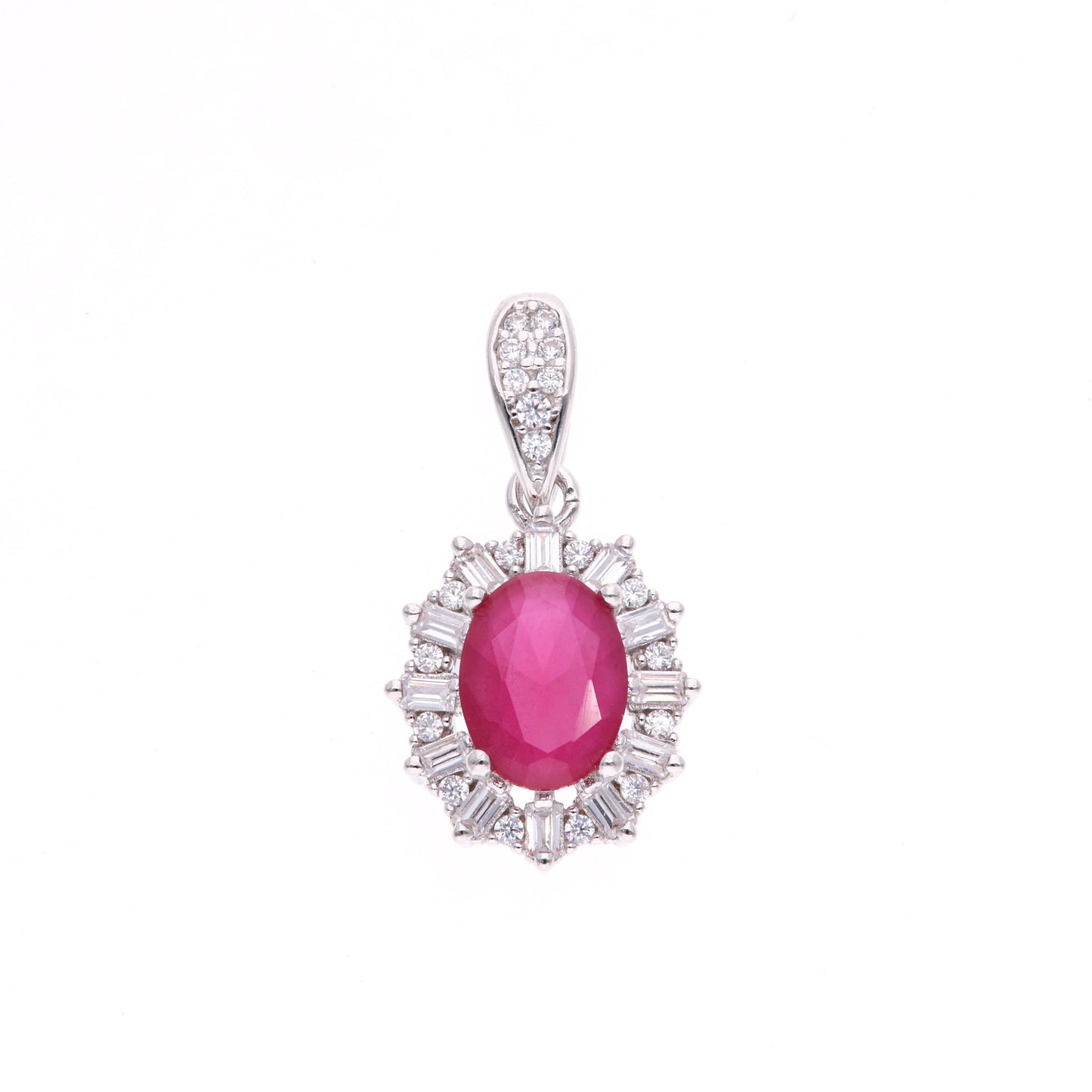 DIJE EN PLATA LEY .925, CON RODIO , ZIRCONIA AAA ROJO ZAFIRO Y BLANCO , OVALADO