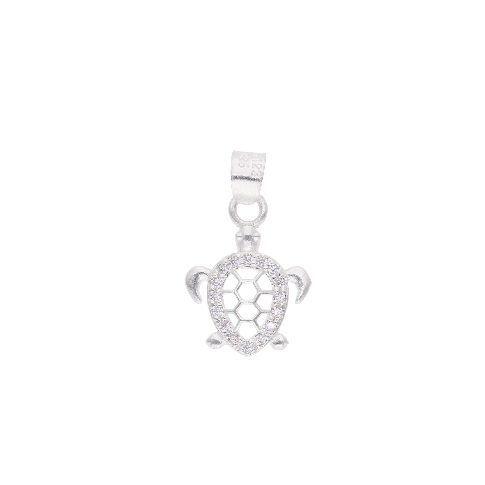 Dije tortuga marina pavé de zirconias en plata .925 – vista frontal sobre fondo blanco