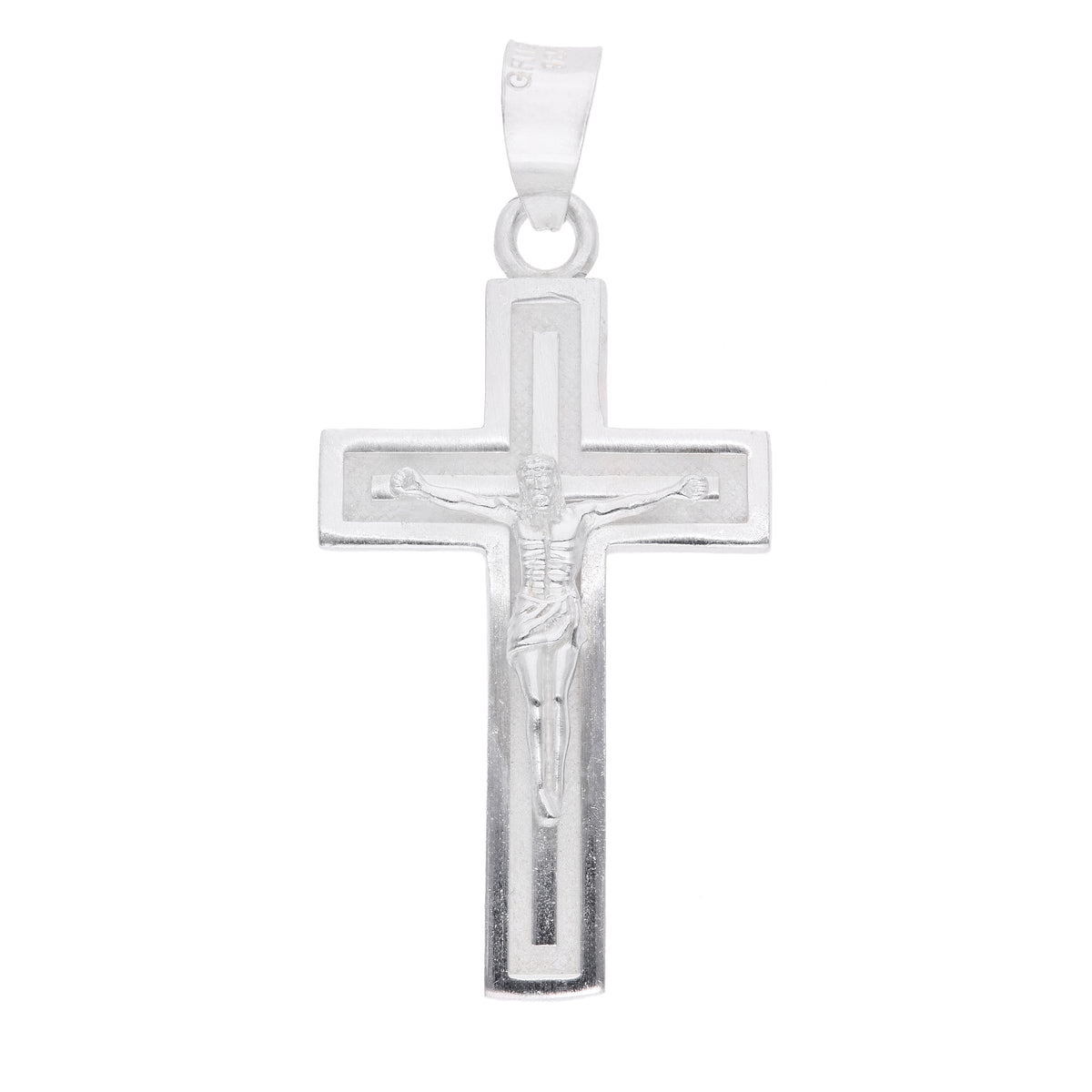 Dije crucifijo de plata .925 con Cristo en relieve – vista frontal sobre fondo blanco