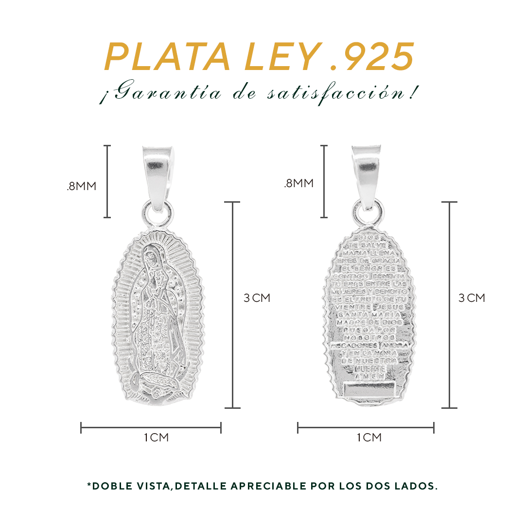 Dije Plata ley .925  Doble vista en forma  de la virgen de  Virgen de Guadalupe Mod.  DR089- Joyería Religiosa